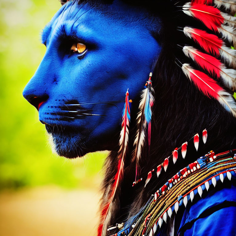 Colorful portrayal: Person with blue-painted face & Native American headdress.