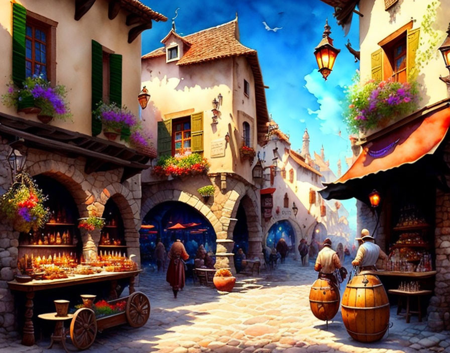 Medieval market scene with cobblestone streets and colorful buildings