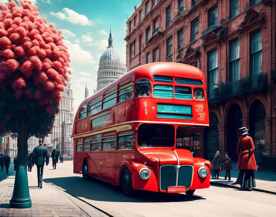 Vintage Red Double-Decker Bus on City Street with Pedestrians and Cathedral