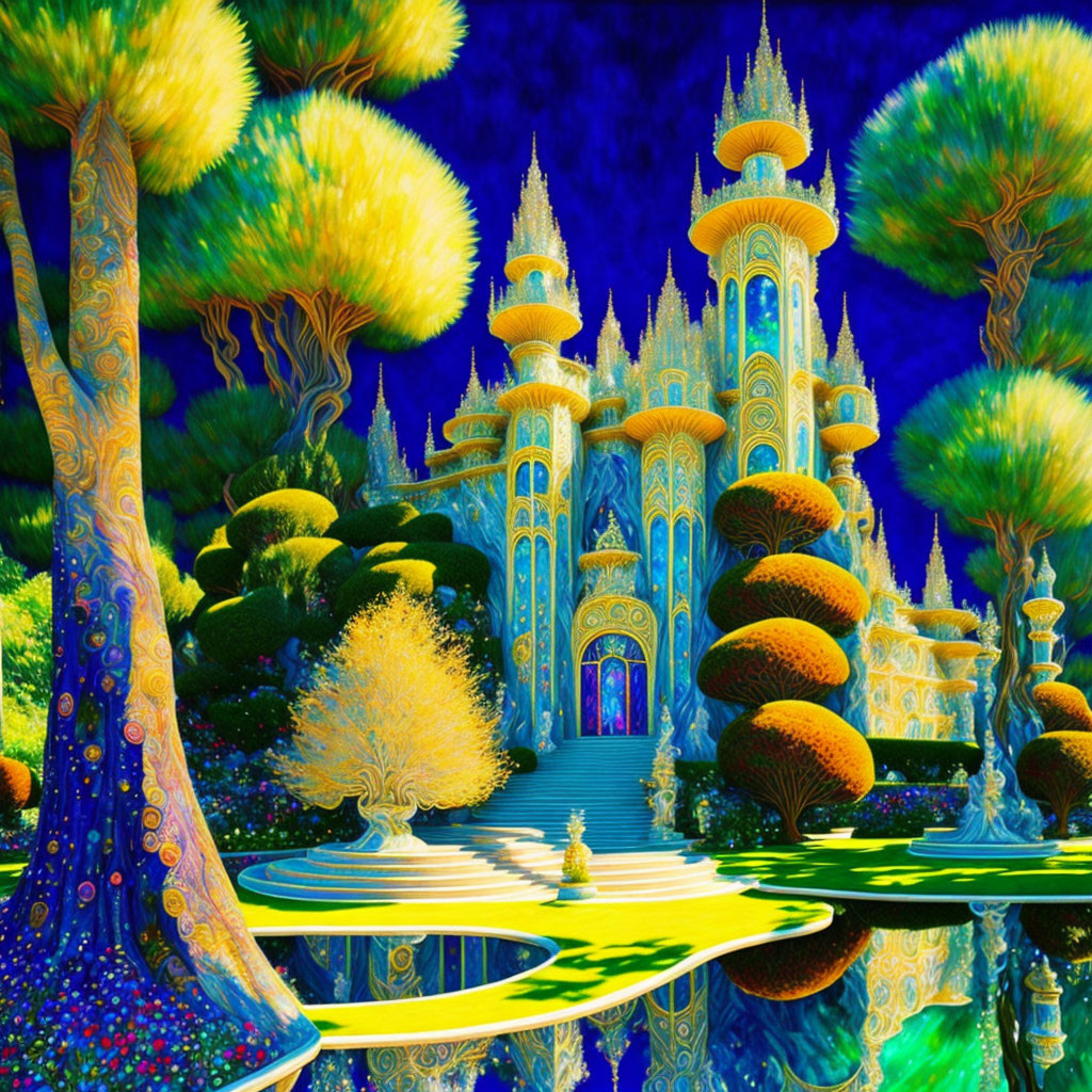 Fantastical landscape with colorful castle and vibrant trees