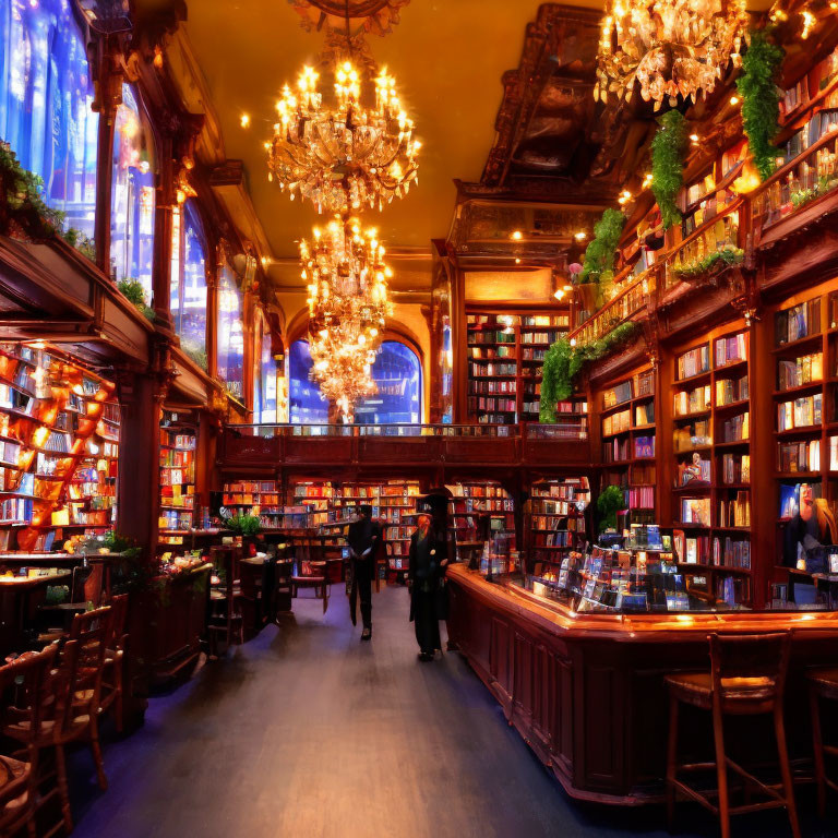 Elegant Bookstore with Chandeliers, Wooden Bookshelves, and Warm Lighting