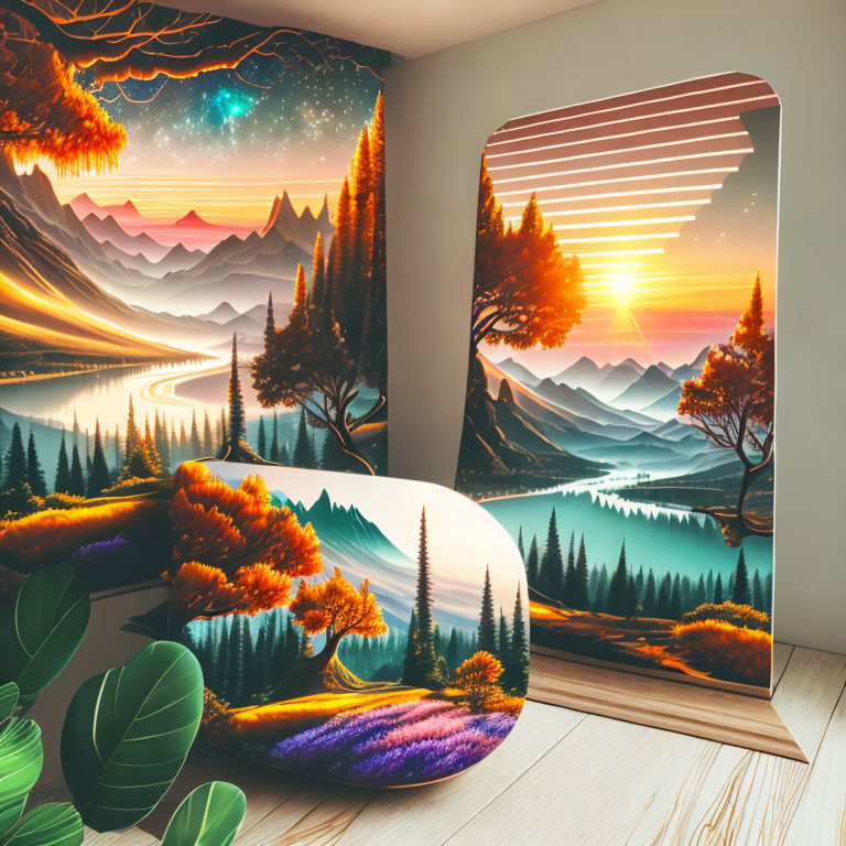 Floor-to-ceiling fantasy landscape mural in vibrant room corner