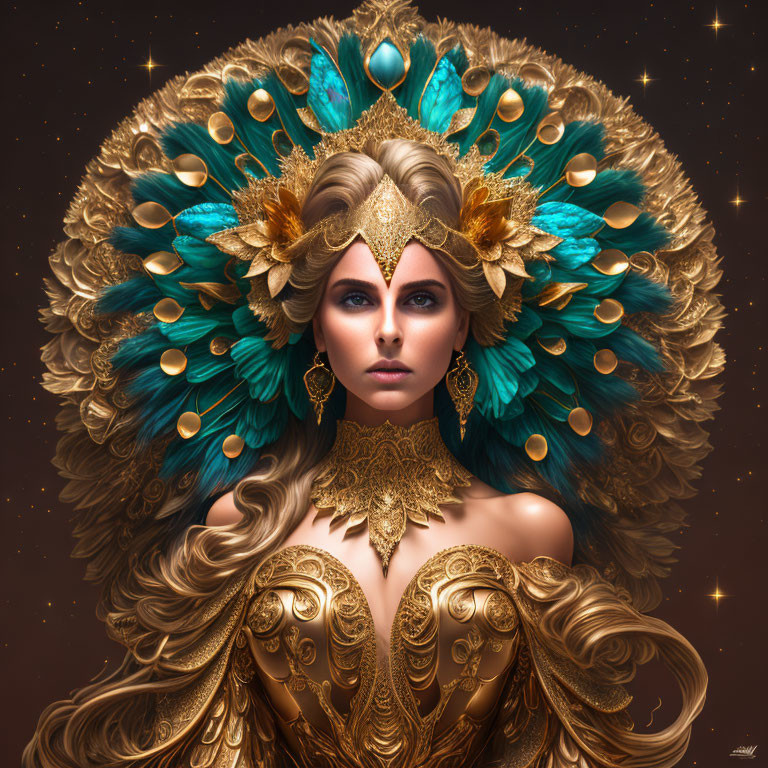 Regal woman with blue eyes and golden hair in opulent headdress