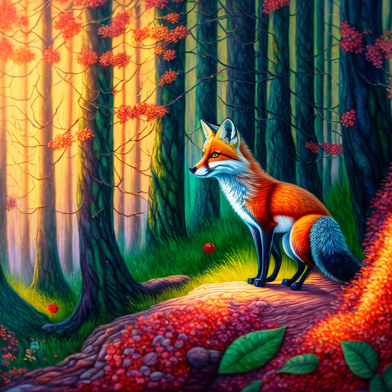 Colorful Forest Scene: Fox in Vibrant Setting with Sunlight and Red Berries