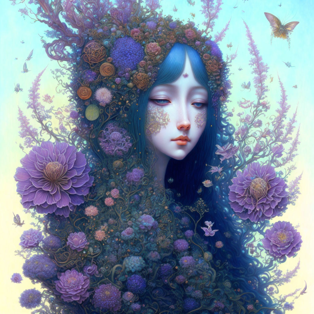 Fantastical portrait of woman with blue hair and floral headpiece.