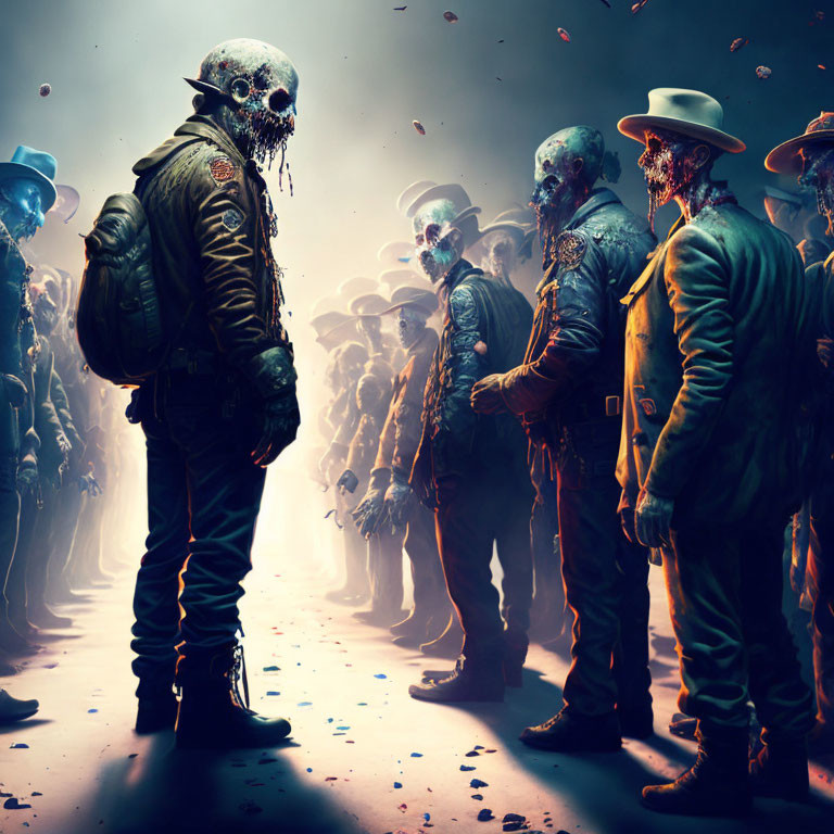 Menacing zombies in military and cowboy outfits in misty, dark setting