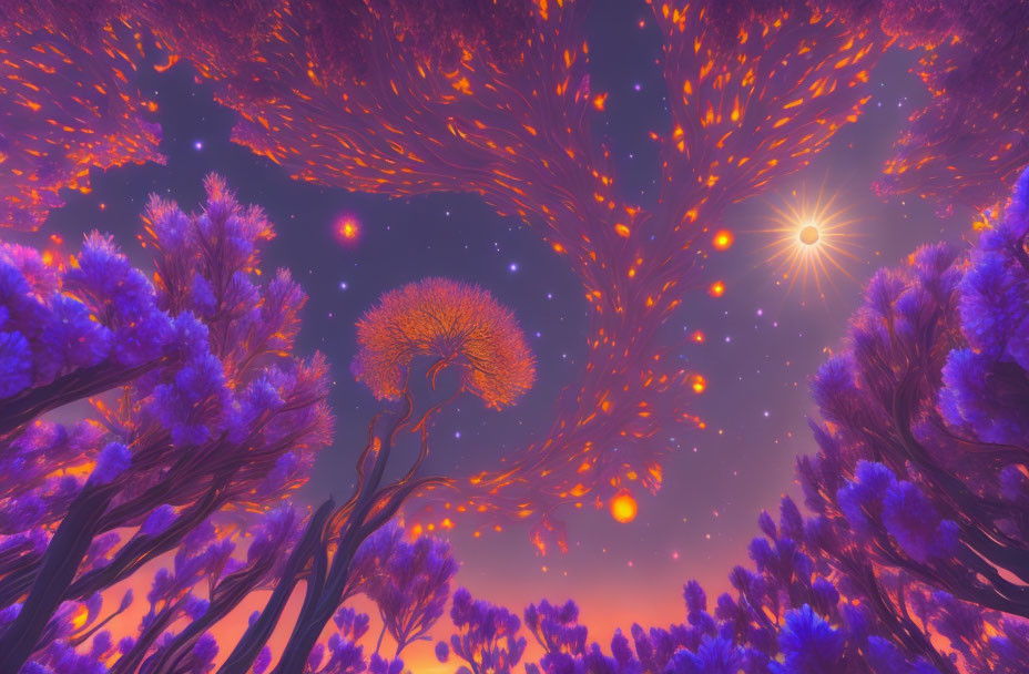 Vibrant purple trees in surreal landscape with floating orange orbs