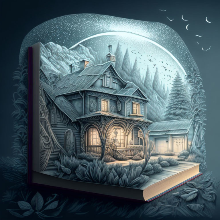 Illustrated book: Victorian house in forest under crescent moon