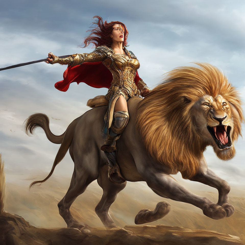 Warrior woman with red hair riding lion wields spear under dramatic sky