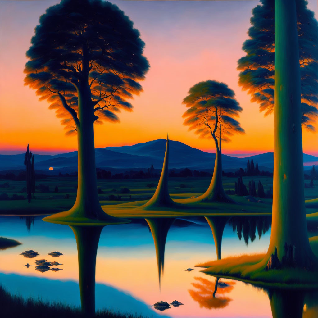 Surreal landscape painting: tall trees, mirrored reflections, vibrant sunset sky