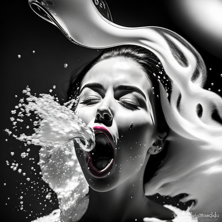 Monochrome art: Woman surrounded by floating milk splashes