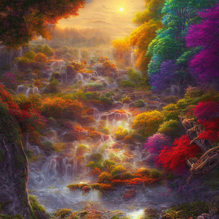 Colorful Fantasy Landscape with Waterfalls and Sunset Glow