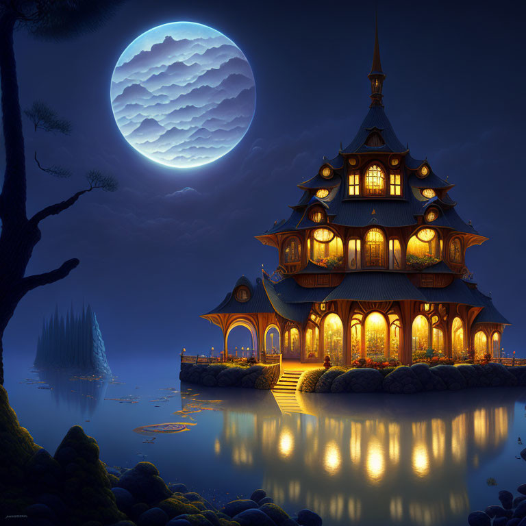 Illuminated Pagoda Structure by Lake in Moonlight