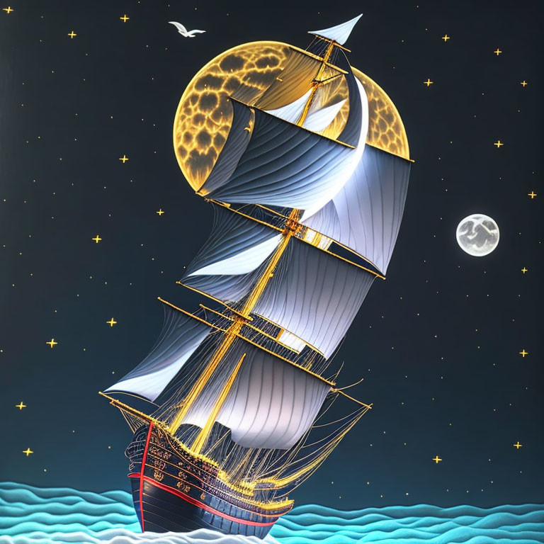 Surreal illustration of tall ship on blue waves under starry sky