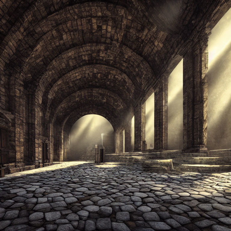 Stone archway and cobblestone flooring in historical building with dramatic sunlight shadows.