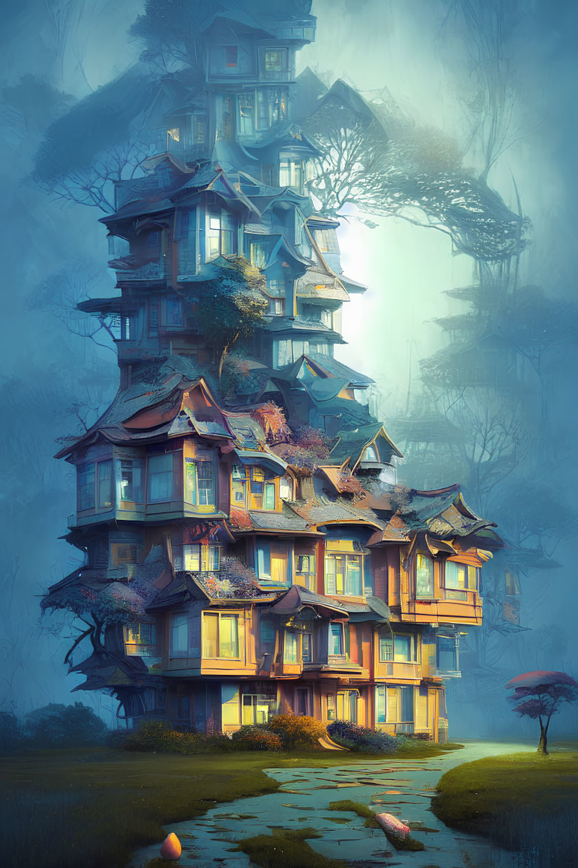 Towering stacked houses in mystical forest with foggy path