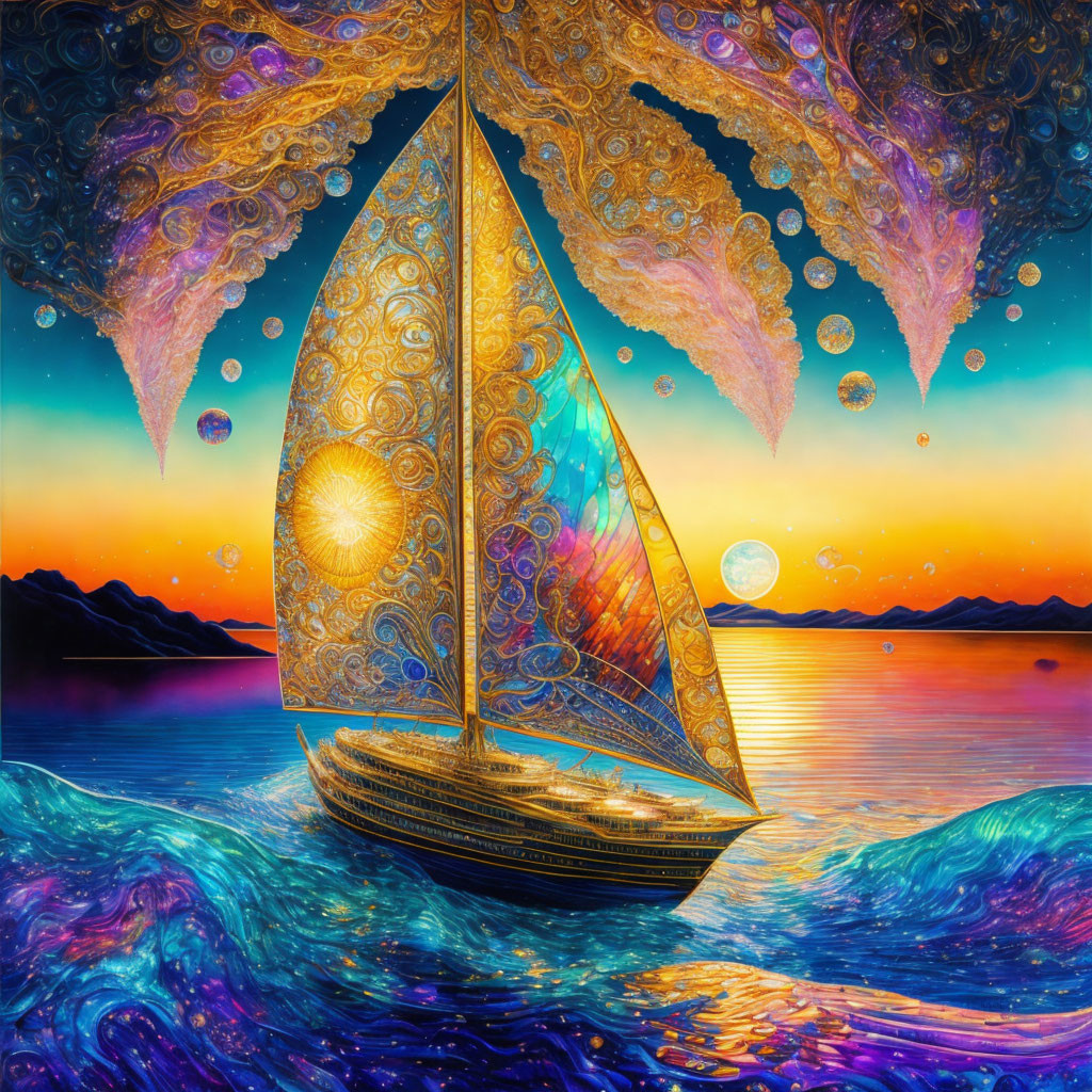 Colorful surreal painting: Golden sailboat on wavy ocean at sunset