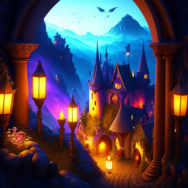 Castle at Twilight with Illuminated Lanterns and Mountain Silhouette Against a Purple Sky