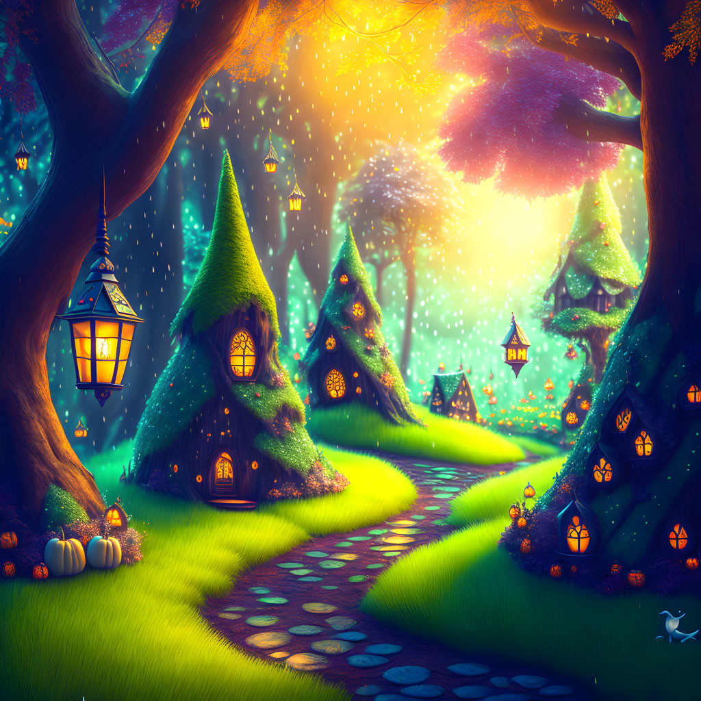 Colorful, Lantern-lit Forest with Mushroom Houses under Starry Skies