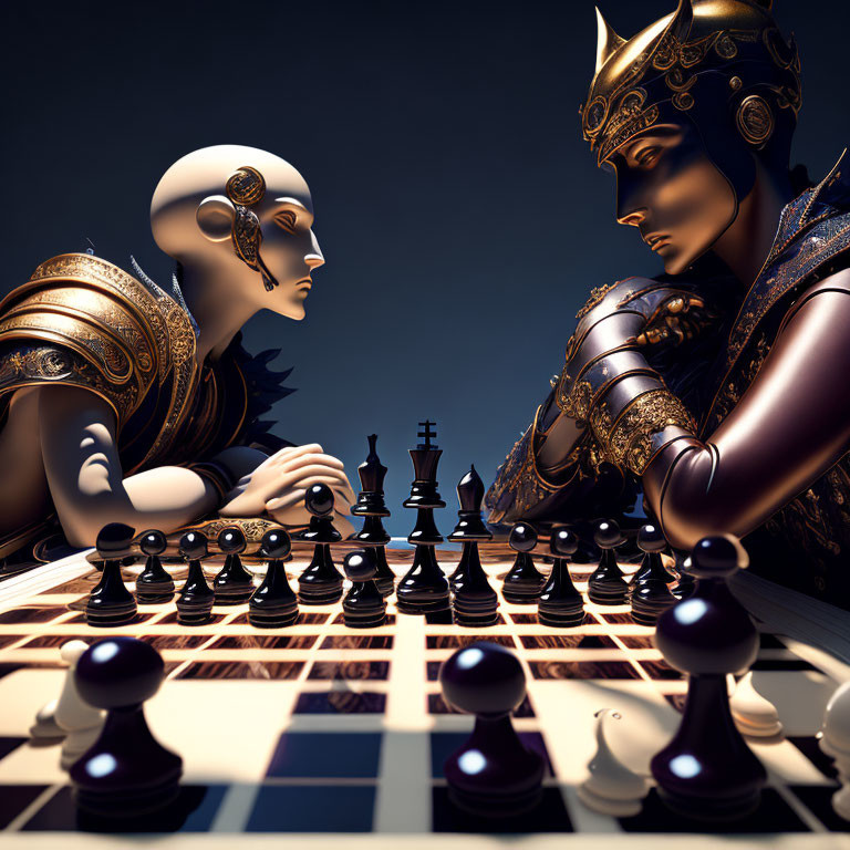 Ornate humanoid chess pieces in tense battle on chessboard