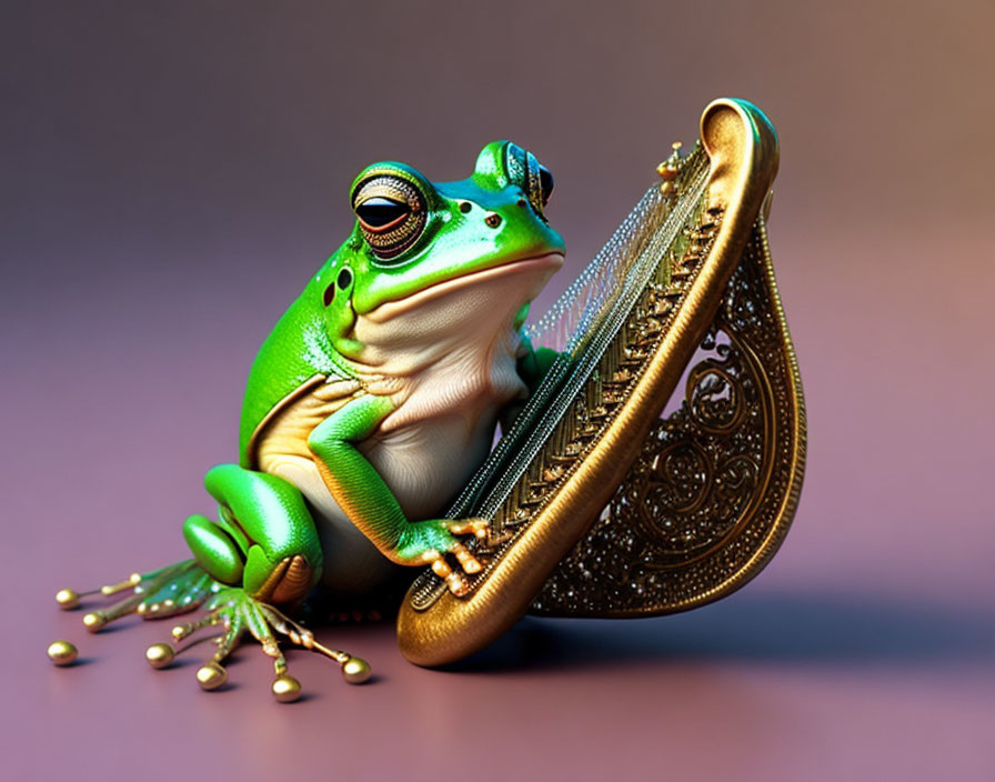 Colorful Frog Playing Miniature Harp on Purple Background