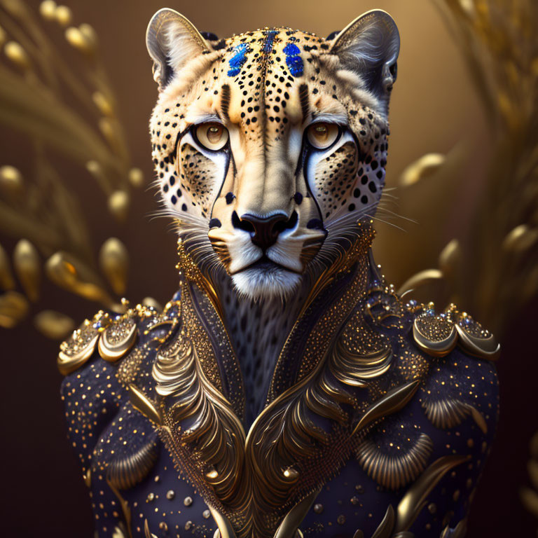 Anthropomorphic cheetah in luxurious golden and navy outfit with blue eyes, surrounded by gilded