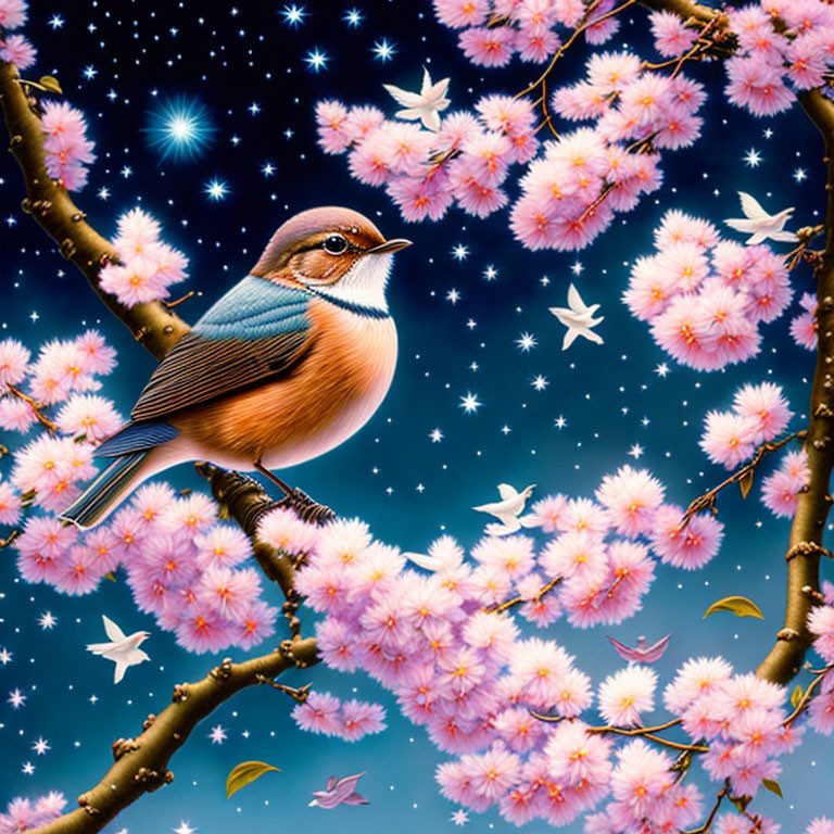 Colorful Bird Perched on Branch Among Pink Cherry Blossoms at Night