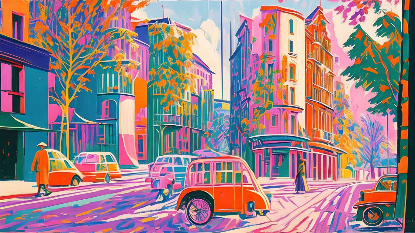 Colorful street scene with retro cars and stylized trees under a bright sky