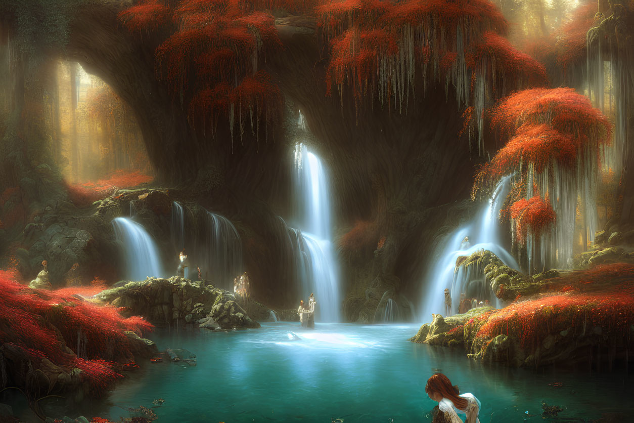 Ethereal forest with waterfalls, red foliage, and serene pond