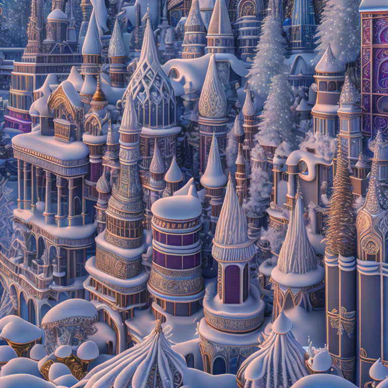 Snow-covered fantasy city with pastel buildings and frosty trees