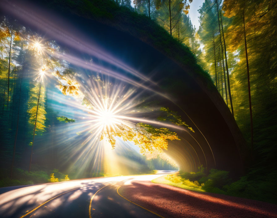 Sunrays shining through tall trees on a forest road