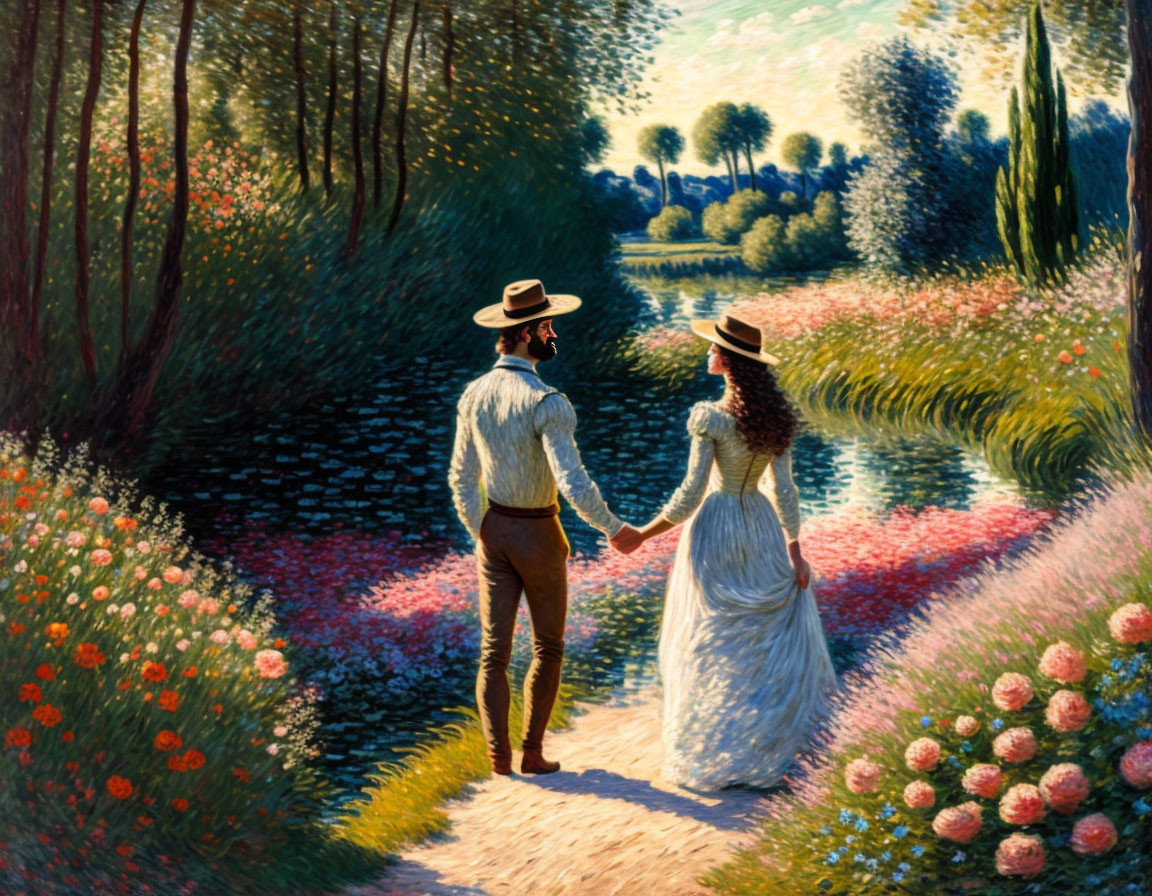 Couple in vintage attire walking by river and trees