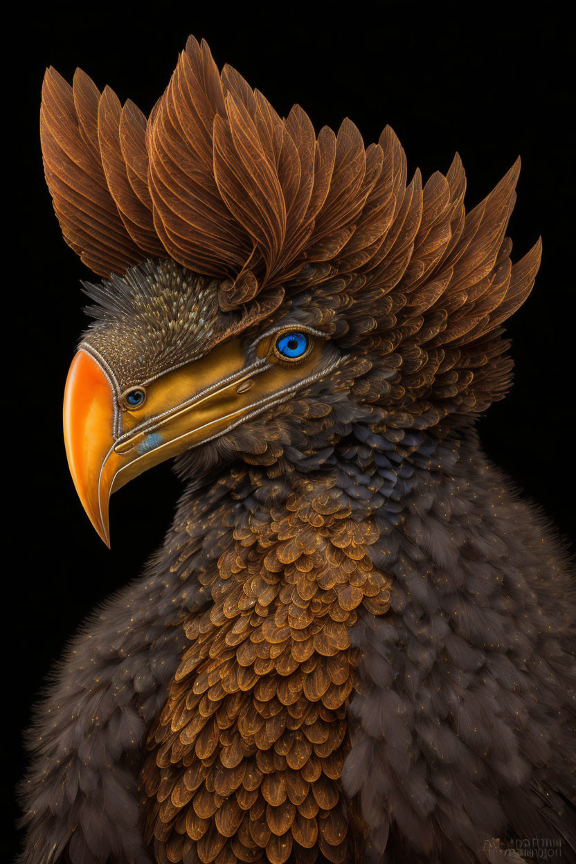 Detailed digital artwork: Fantastical bird with brown plumage, orange beak, blue eyes on