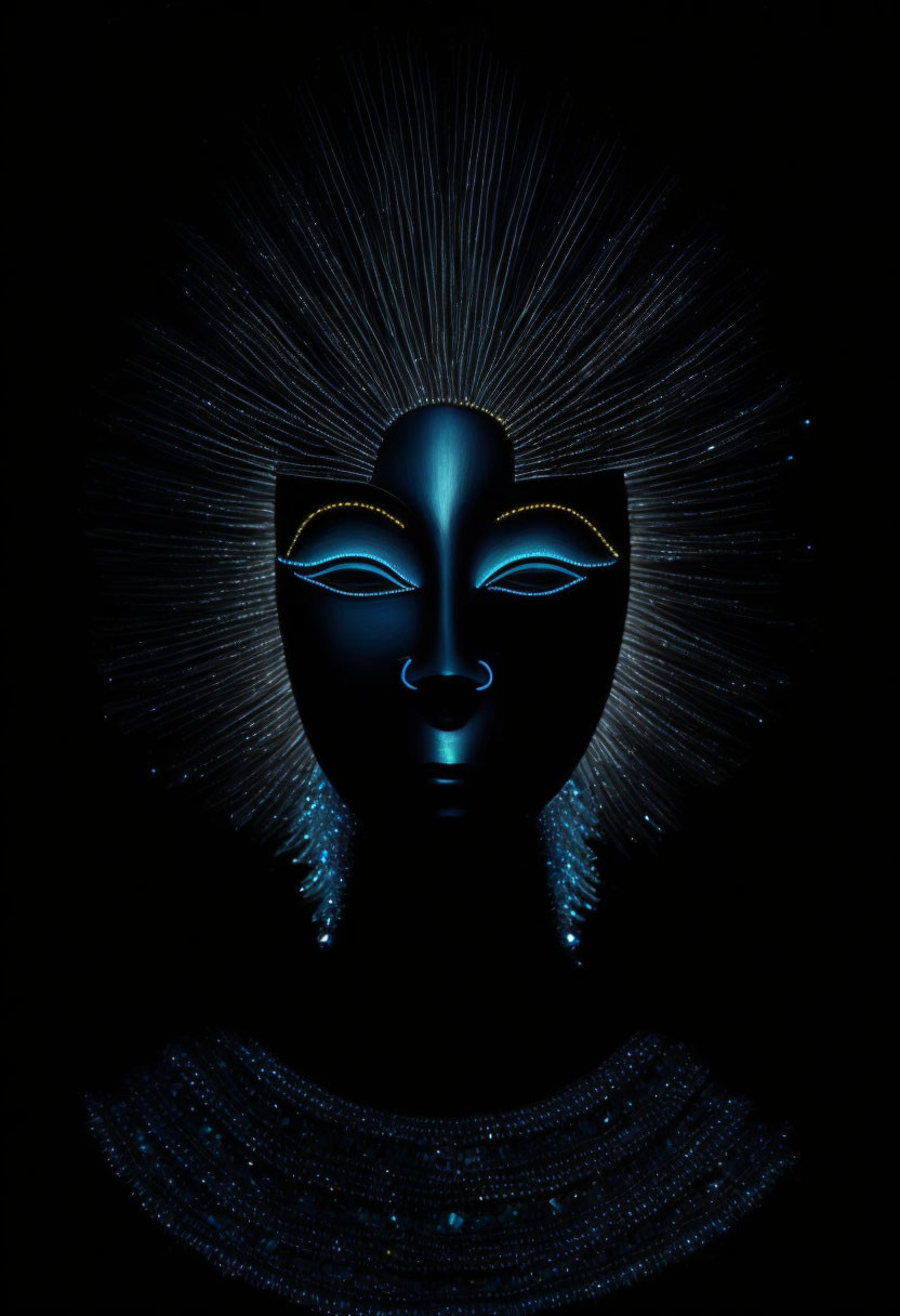 Mask-like face with glowing blue lines in radiant light strands on dark background