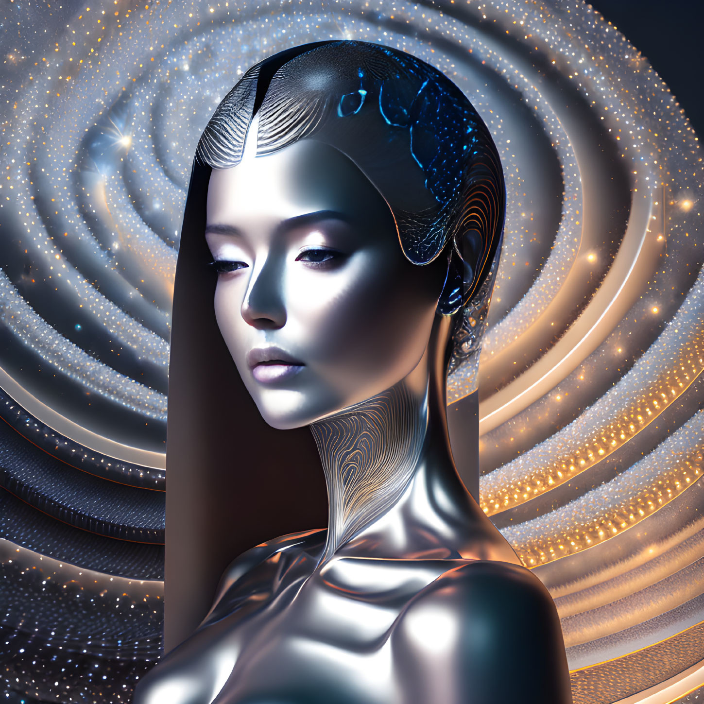 Metallic female figure with circuit patterns in cosmic backdrop