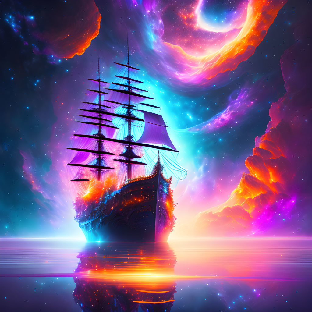 Fantastical sailing ship on calm waters under cosmic sky