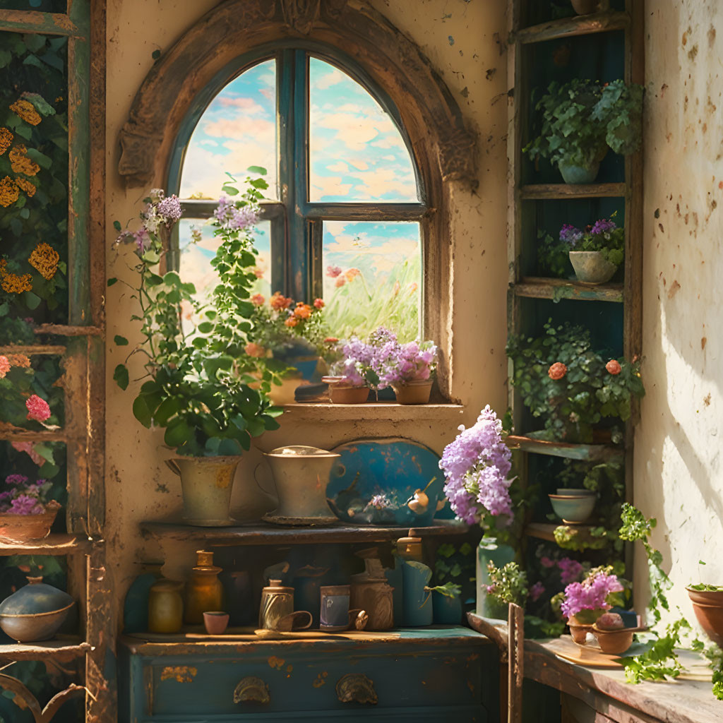 Rustic room with arched window, plants, and pottery shelves