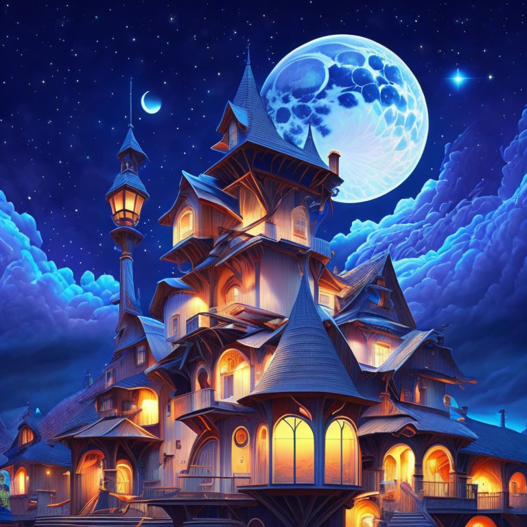 Fantasy castle with illuminated towers under starry night sky