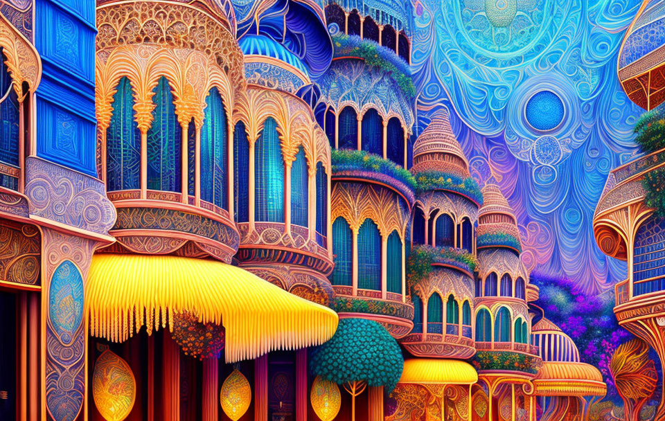 Colorful Psychedelic Art: Intricate Fantastical Architecture in Warm and Cool Hues