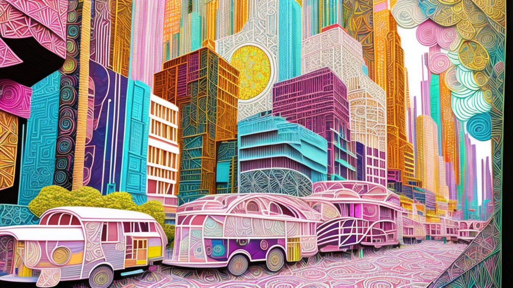 Vibrant cityscape illustration with psychedelic patterns