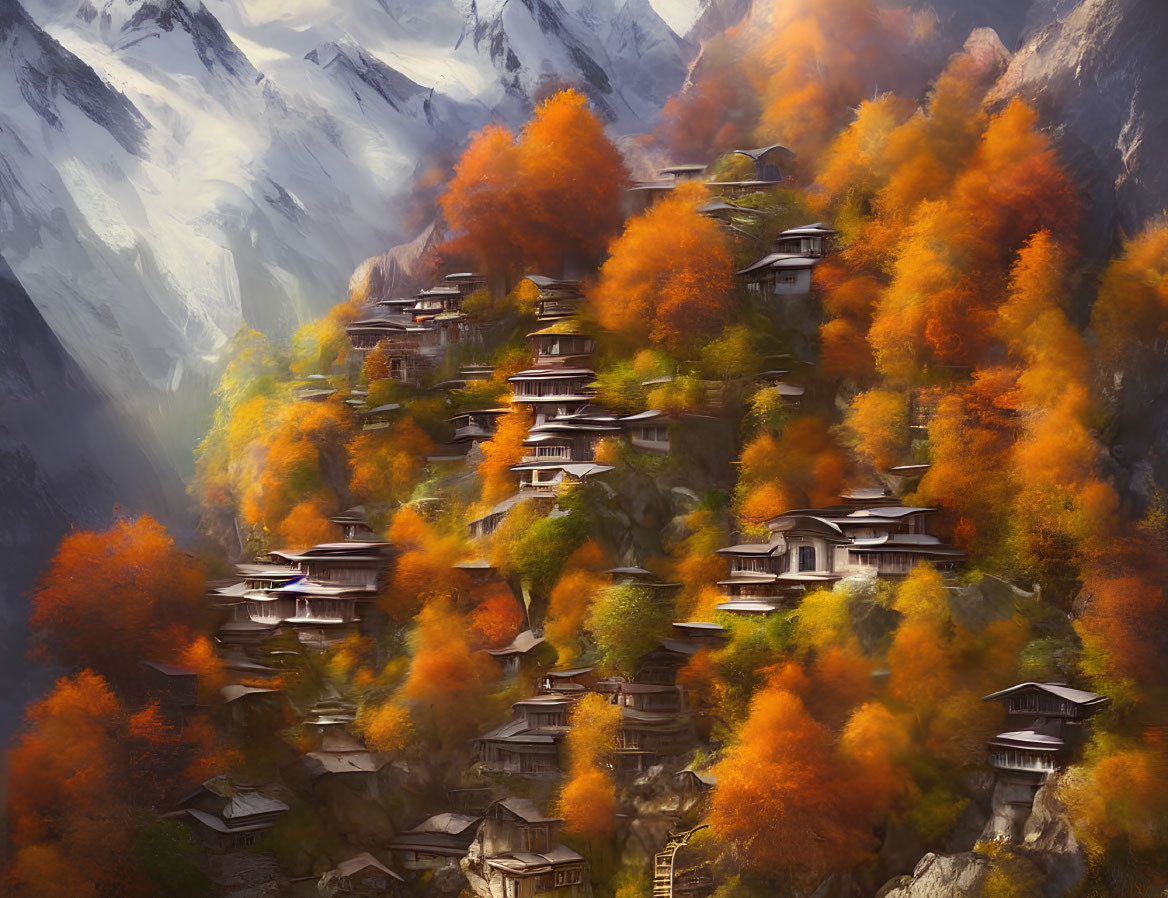 Scenic mountain village in autumn foliage with misty backdrop