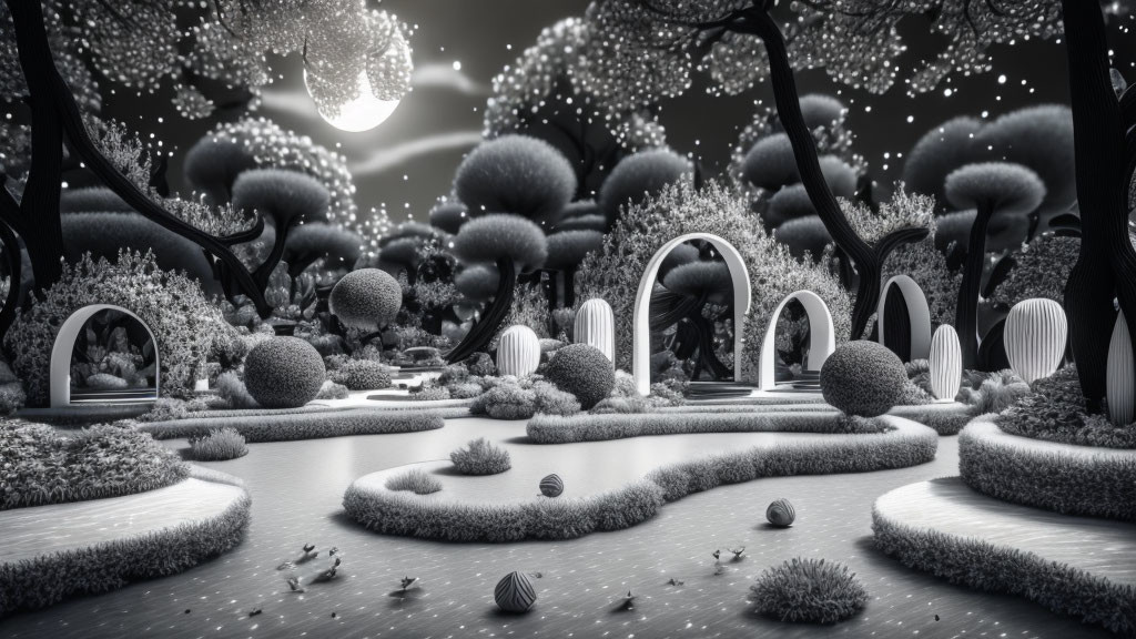 Glowing monochromatic fantasy landscape with spherical bushes and luminous moon