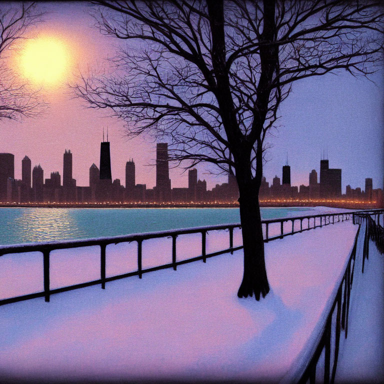 Winter Scene: Snowy Promenade by Lake with City Skyline at Sunset