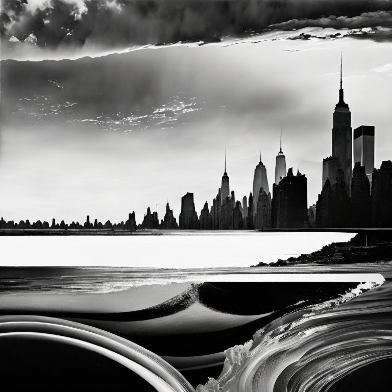 Dramatic monochrome cityscape with silhouetted skyscrapers and wavy foreground