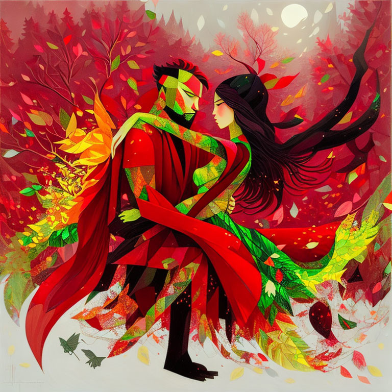 Illustration of couple dancing in autumn leaves with golden light