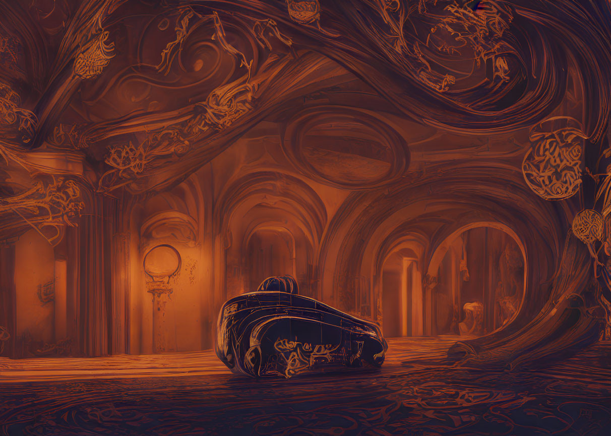 Surreal Gothic chamber with ornate sepia patterns and stylized car