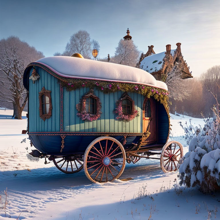 Vintage Blue Caravan with Festive Decorations in Snowy Winter Landscape