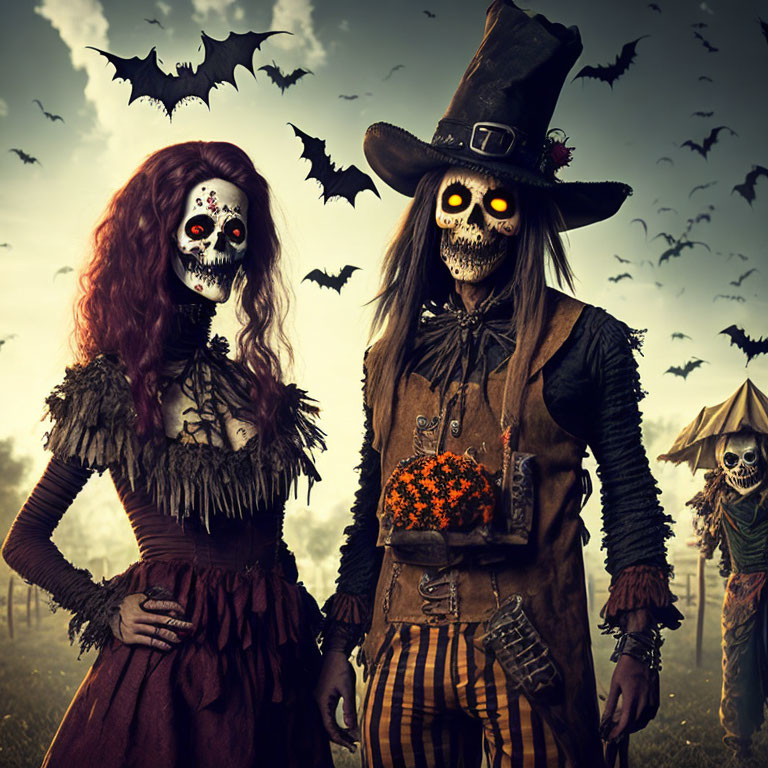 Elaborate Day of the Dead costumes with skull makeup and flying bats.