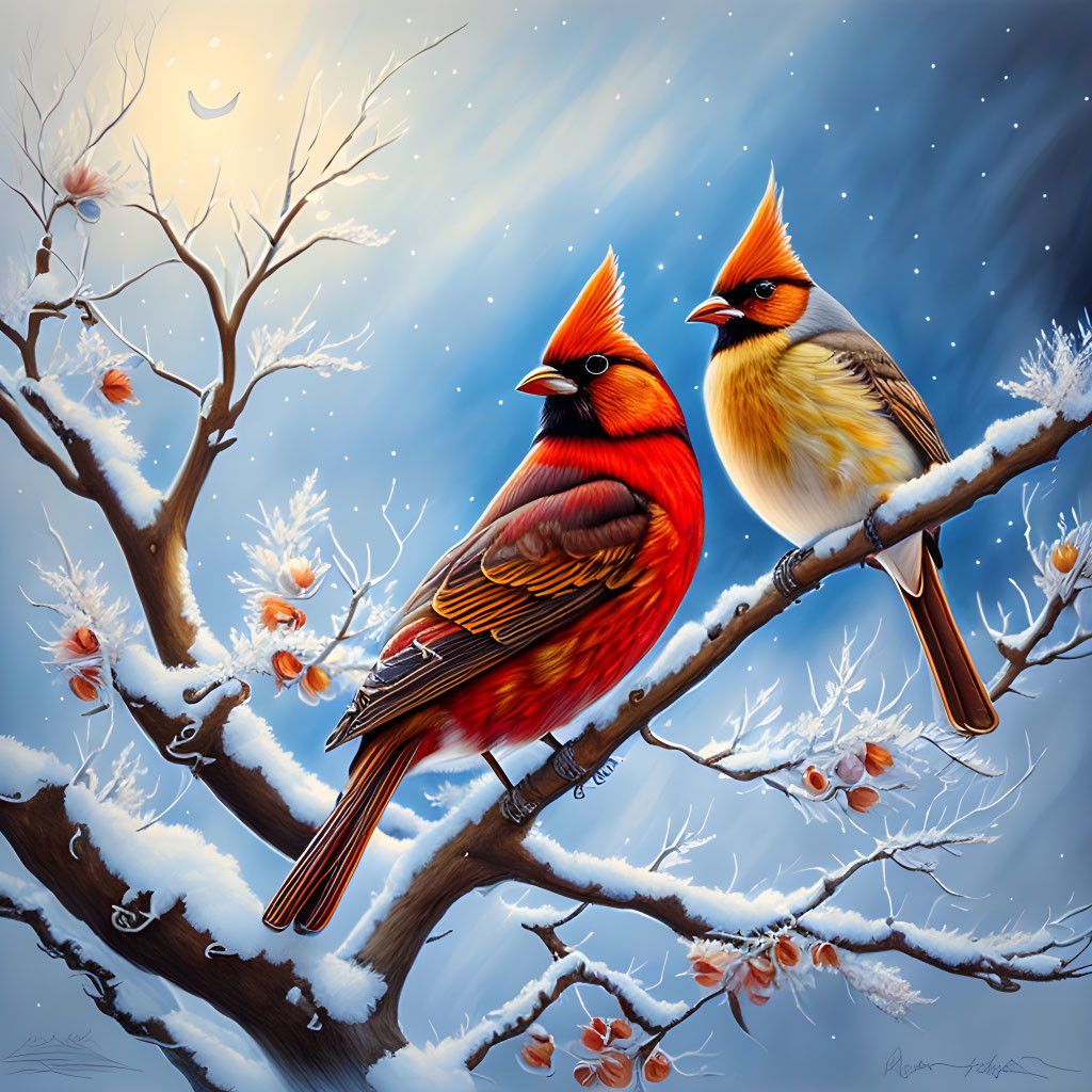 Vibrant cardinals on snowy branch with falling snowflakes & crescent moon