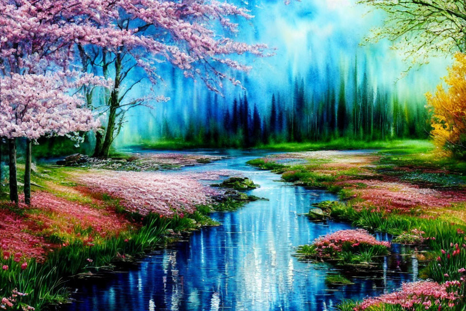 Colorful landscape with stream, pink blossoming trees, lush greenery, misty forest.